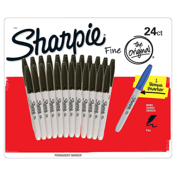 Caixa com 24 Marcadores Pretos de Ponta Fina da Sharpie, mais 1 Marcador Azul
